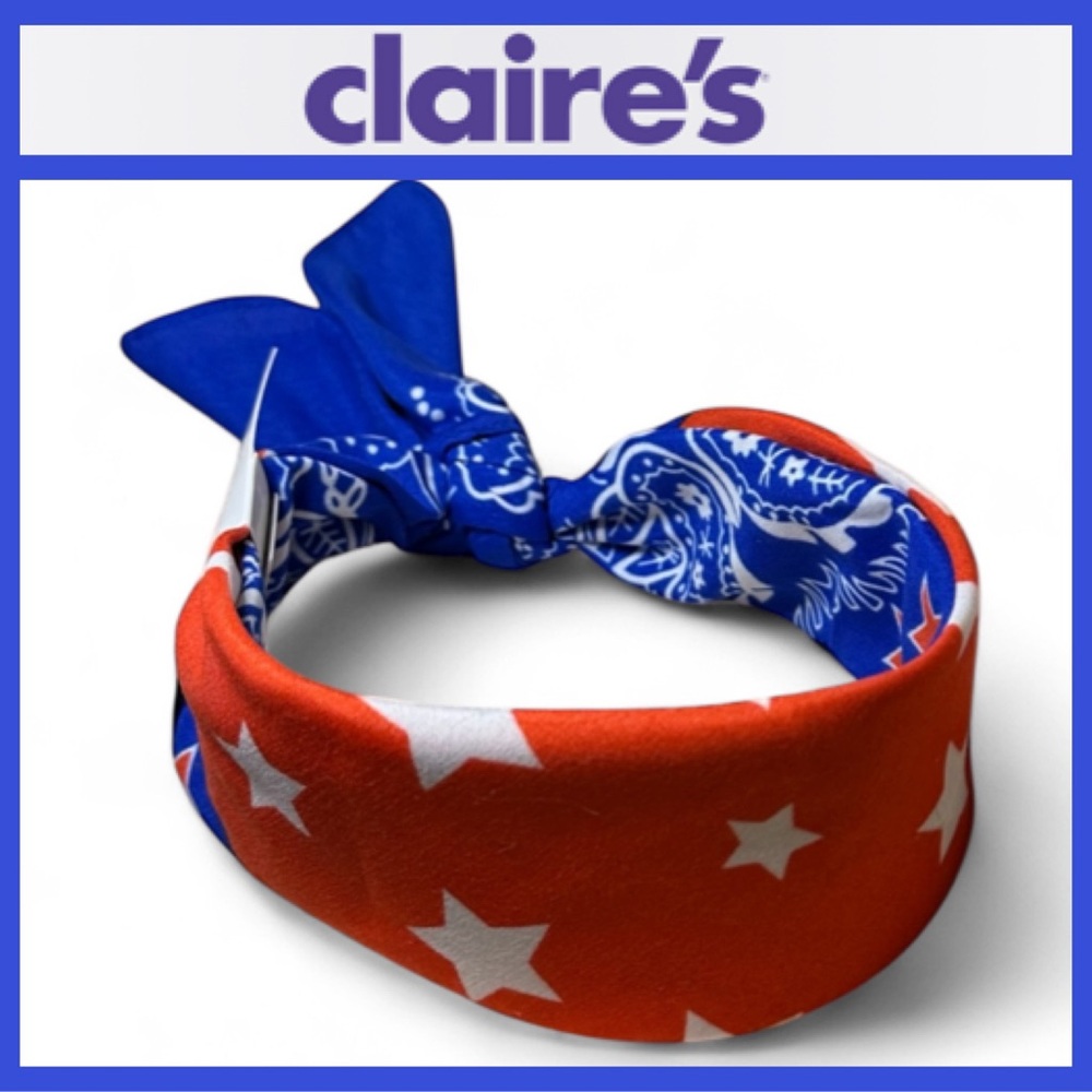 Claire’s Bandana Headband USA American Flag design Stars Blue & Red Bandanna NWT